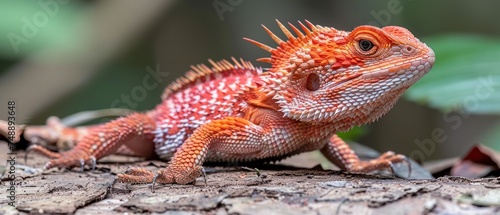 a close up of a lizard on a branch with leaves in the background and a green leaf in the foreground.