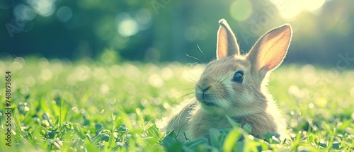 a small rabbit is sitting in a field of grass and looking at the camera with a curious look on its face.
