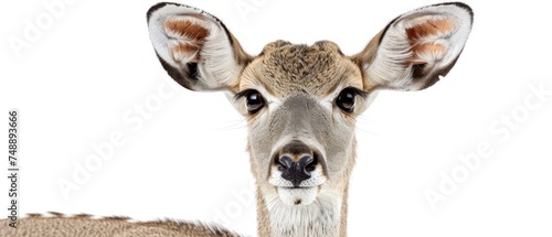 a close up of a deer's face with an odd look on it's face and a white background. photo