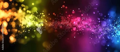 a multicolored background with a butterfly flying in the center of the image and blurry lights in the background.