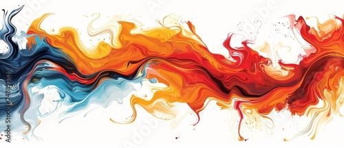 an abstract painting of orange, blue, and red swirls on a white background with space for your text.