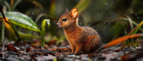 a close up of a small animal in a field of grass and leaves with drops of water on the ground.