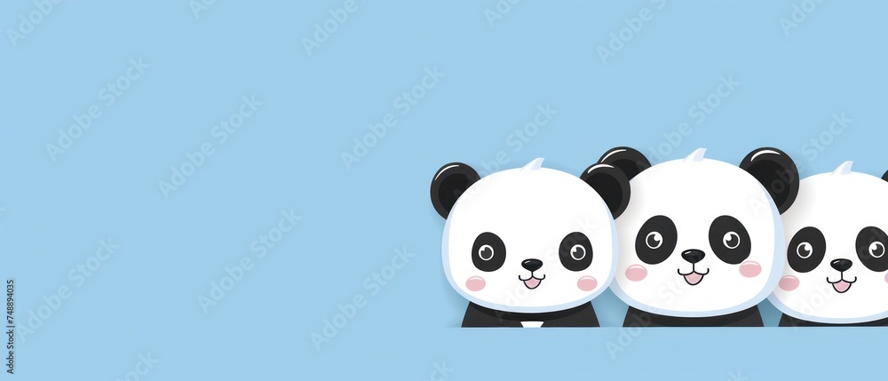 a group of panda bears sitting next to each other on top of a blue surface with a light blue background.