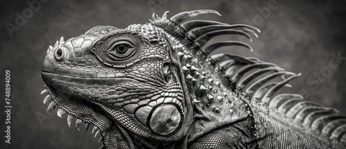 a close up of a black and white photo of an iguana with spikes on it's head.