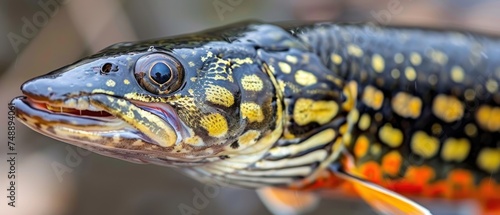 a close up of a fish with yellow and black spots on it's body and a black body with yellow spots on it's head.