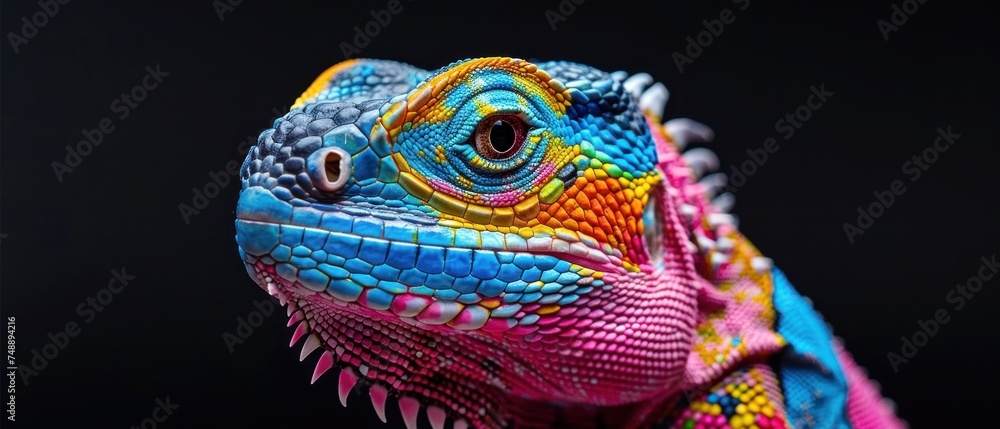a close up of a colorful chamelon on a black background with the eye of the chamelon.