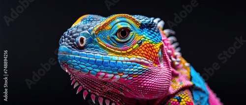 a close up of a colorful chamelon on a black background with the eye of the chamelon.
