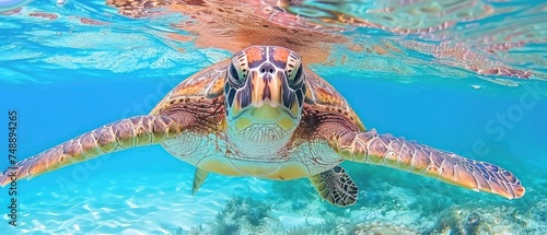a close up of a turtle swimming in a body of water with its head above the water's surface.