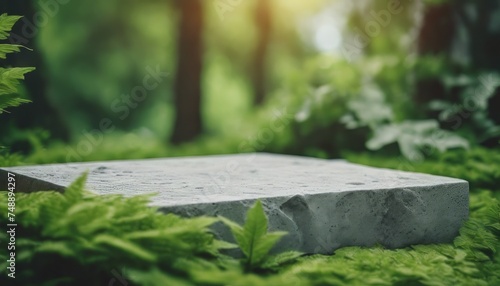 one and concrete podium in Natural green background, the scene with green leaves