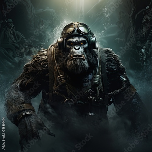 An eerie portrait of King Kong donning a diving suit with a hauntingly dark twist created using 3D animation techniques against a unique backdrop