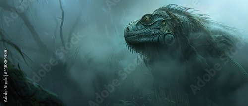 a painting of a dinosaur in the middle of a foggy forest with trees and bushes in the foreground.