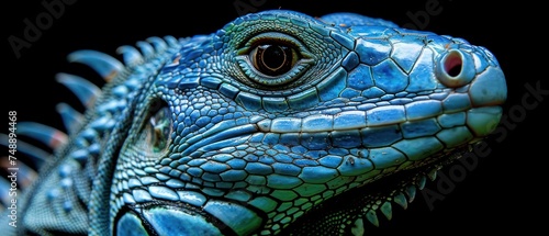 a close - up of a blue iguana's face on a black background with a black background. © Jevjenijs