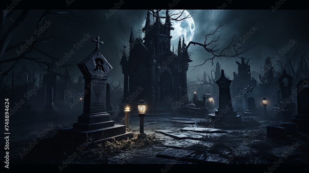 Envision a haunting scene with a headstone marking Draculas grave depicted in a unique and darkly atmospheric 3D animated portrait set against a backdrop of ominous shadows and gothic architecture