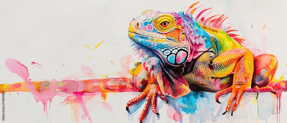 a painting of a colorful lizard sitting on a branch with paint splatters all over it's body.
