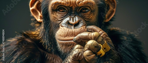 a close up of a monkey holding a banana in his hand and looking at the camera with a serious look on his face.