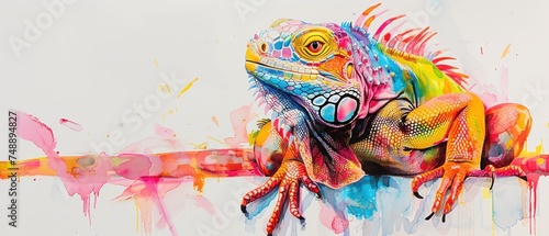 a painting of a colorful lizard sitting on a branch with paint splatters all over it's body.