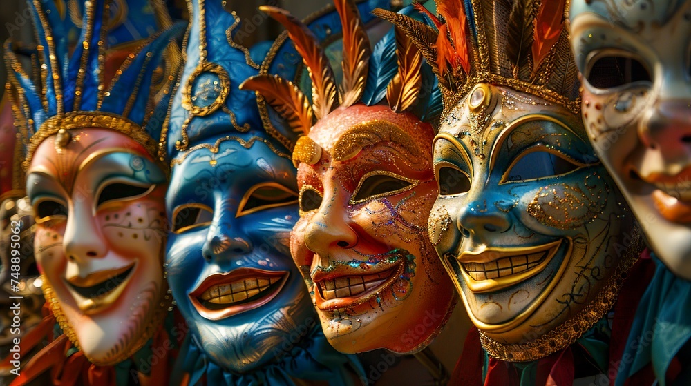 Masks representing varied emotions adorn the Carnival scene in Rio de Janeiro, reflecting the diversity and vibrant energy of the event. Carnival masks. Masks representing varied emotions adorn the Carnival scene in Rio de Janeiro, reflecting the diversity and vibrant energy of the event. Carnival masks.