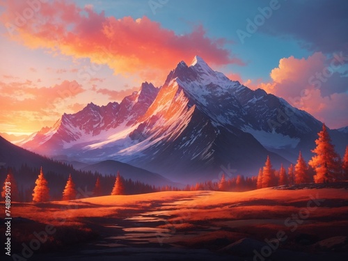 "Silhouetted Summit Serenity: A Captivating Mountain Peak Embrace in the Sunset Glow"