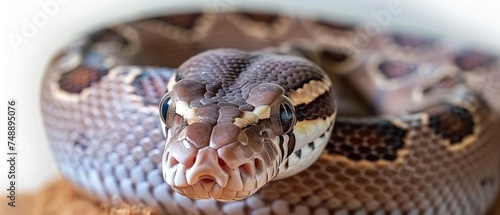 a close up of a snake's head on top of a piece of wood with a white wall in the background.