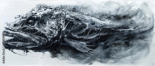 a black and white drawing of a fish with a lot of smoke coming out of it's back end. photo