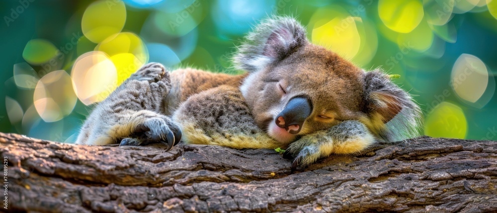 a koala sleeping on a tree branch with its head on it's back and it's eyes closed. a koala sleeping on a tree branch with its head on it's back and it's eyes closed.