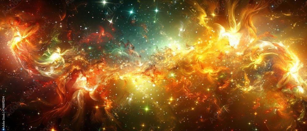 a very colorful space filled with lots of stars and a bright yellow and red object in the center of the picture.