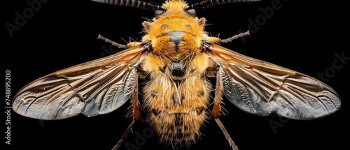 a close up of a yellow and black insect on a black background with its wings spread out and eyes closed. © Jevjenijs