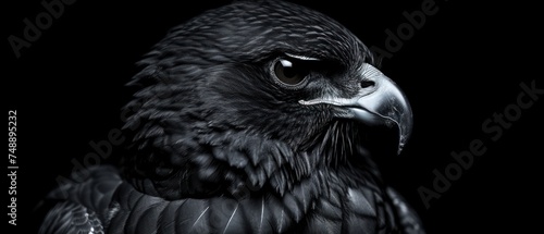 a close up of a black and white bird with a black back ground and a black back ground with a black background.