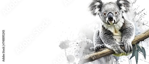 a koala bear sitting on top of a tree branch with watercolor paint splatches on the background.