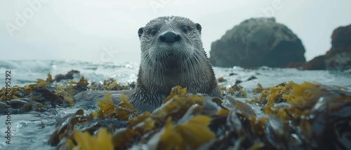 a close up of a sea otter in a body of water with seaweed in the foreground and rocks in the background. photo
