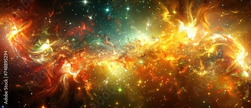 a very colorful space filled with lots of stars and a bright yellow and red object in the center of the picture. photo