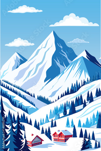 Winter Snowy rocky mountain Sports ski Hotel Night landscape Christmas Holiday Events New Year calendar title page brochure cover travel poster voyage banner modern design vector template Europe