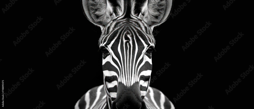 a black and white photo of a zebra's head and neck, with its eyes wide open, in front of a black background. a black and white photo of a zebra's head and neck, with its eyes wide open, in front of a black background.