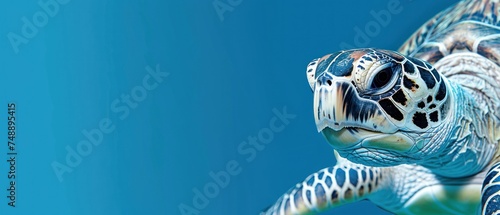a close - up of a sea turtle's head and body against a blue background with only one eye visible. © Jevjenijs