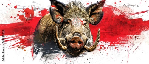 a painting of a boar's head with red paint splatters on the back of it's face. photo