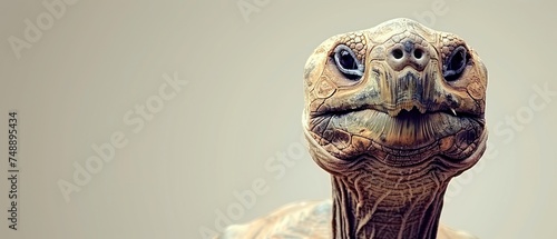 a close - up of a turtle's head with a gray back ground and a white wall in the background. photo