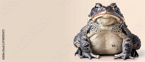 a close up of a frog sitting on the ground with its mouth open and eyes wide open, on a beige background.
