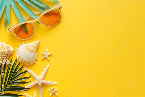 yellow summer vacation background, seashells, hat and sunglasses
