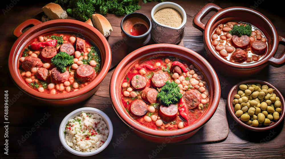 Culinary delight a Mediterranean-inspired legume stew with chorizo, served in earthenware dishes. Culinary delight a Mediterranean-inspired legume stew with chorizo, served in earthenware dishes.