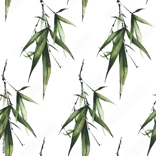 Fototapeta Naklejka Na Ścianę i Meble -  Watercolor hand painted exotic greenery seamless pattern. Green bamboo branches, leaves and twigs. Watercolour template design.
