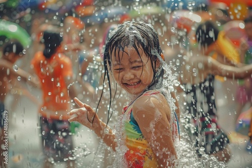 People celebrating Songkran (Thai new year / water festival) cute happy girl playing with water, thailand