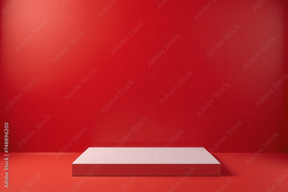 Obraz premium Empty pedestal display on red background with blank stand for product show or presentation