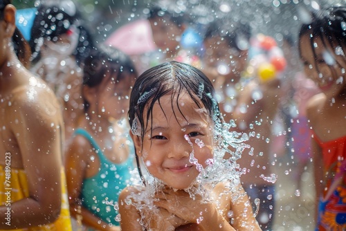 People celebrating Songkran (Thai new year / water festival) cute happy girl playing with water, thailand © Yulia