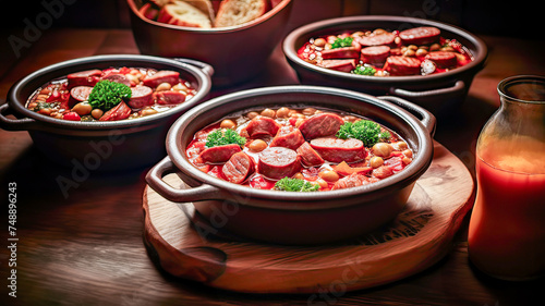 Appetizing cultural fare clay pots filled with a flavorful pork and chorizo legume stew.