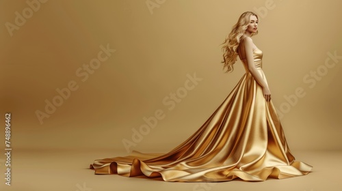 Golden Elegance: Flowing Satin Gown, elegant woman draped in a flowing golden satin gown, exuding grace and luxury against a monochromatic background © Viktorikus