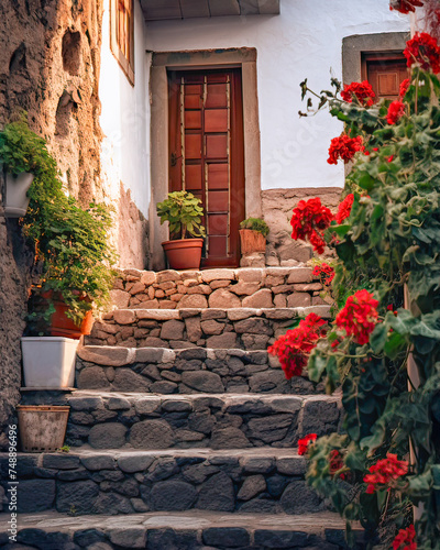 Picturesque rural dwelling adorned with blooming flowers, stone steps, and wooden details.