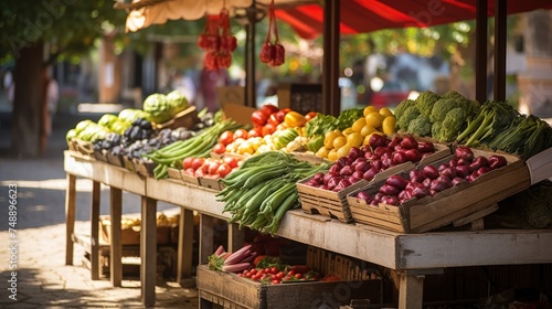 Stalls filled with a wide variety of fresh fruits and vegetables. photo