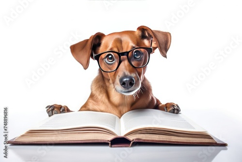 Dog in glasses reading a book