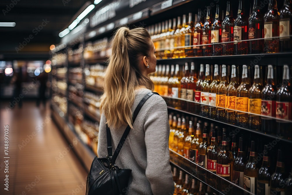 A woman stands near shelves with alcohol in a supermarket.