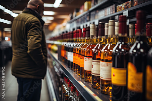 A man in a supermarket in the alcohol section chooses a drink.